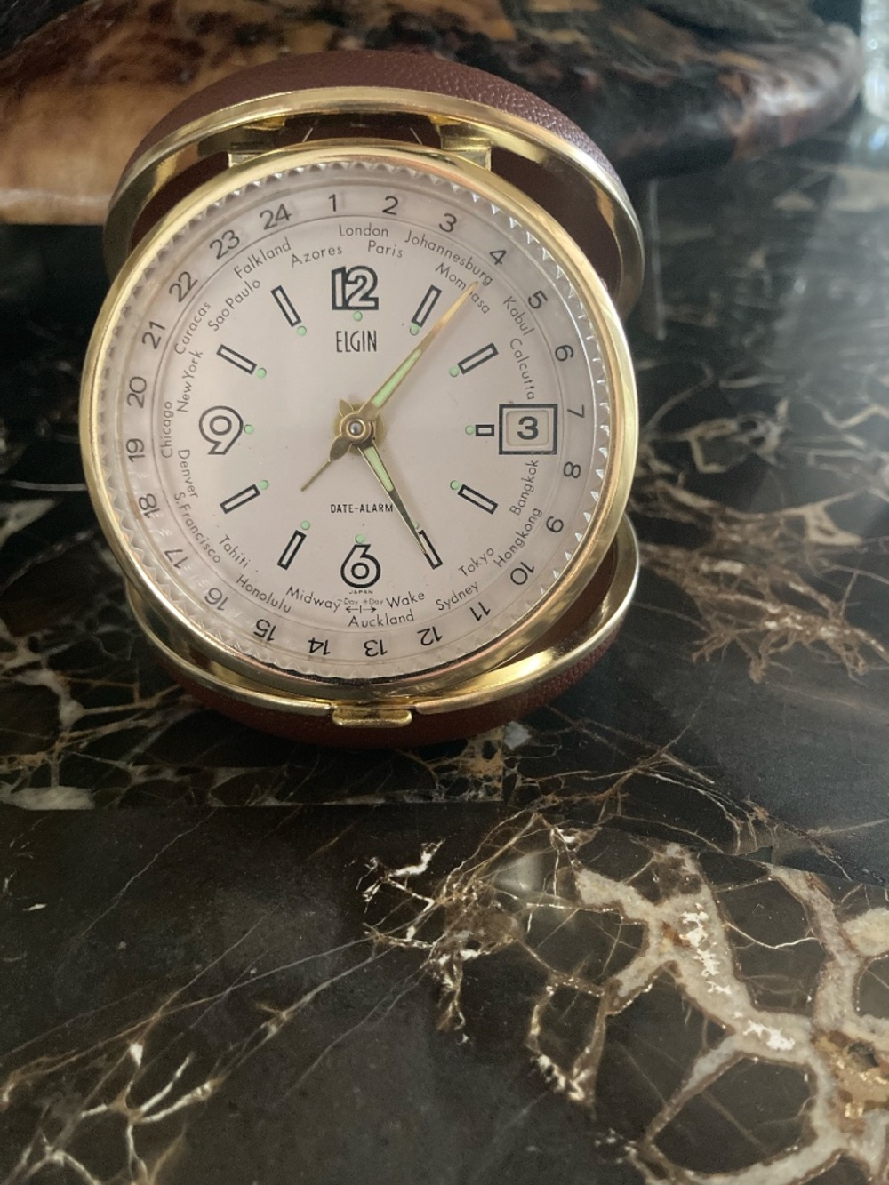 Vintage Elgin World Time Travel Alarm Clock Japan Works